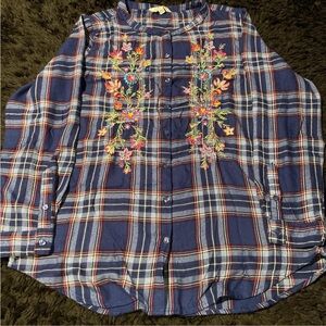 Blue and Red Boxy Embellished Mandarin Collar Shirt